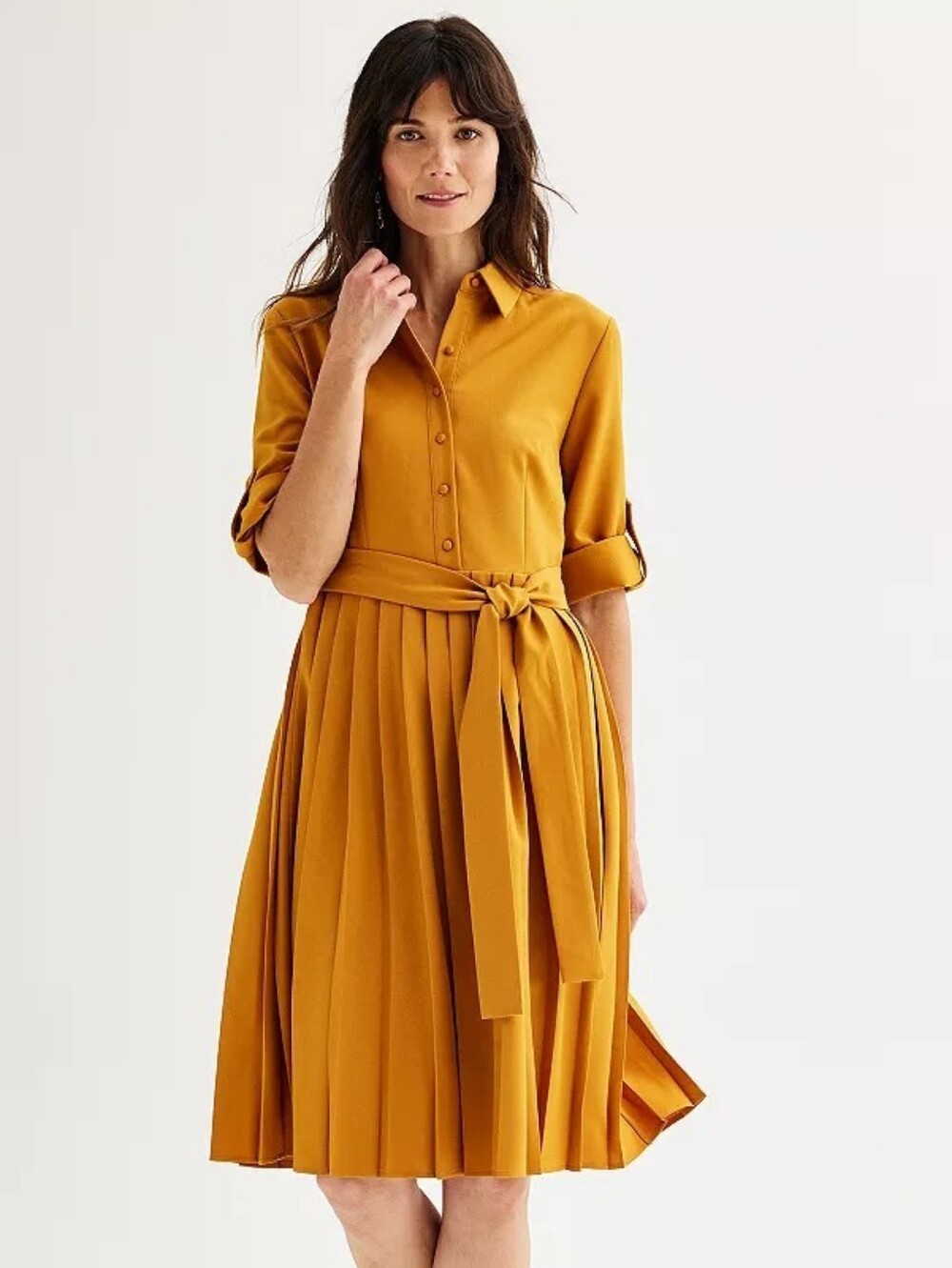 Nanette Lepore Mustard Shirtwaist Pleated Midi Dress Sz 14 Nwt